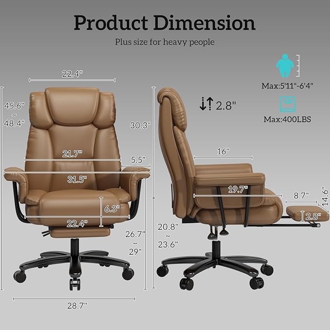 GYI Criss Cross Chair with Wheels, 160°Big and Tall Reclining Office Desk Chair with High Back, Wide Seat, Arms, Footrest, Brown-DeskLoop Office