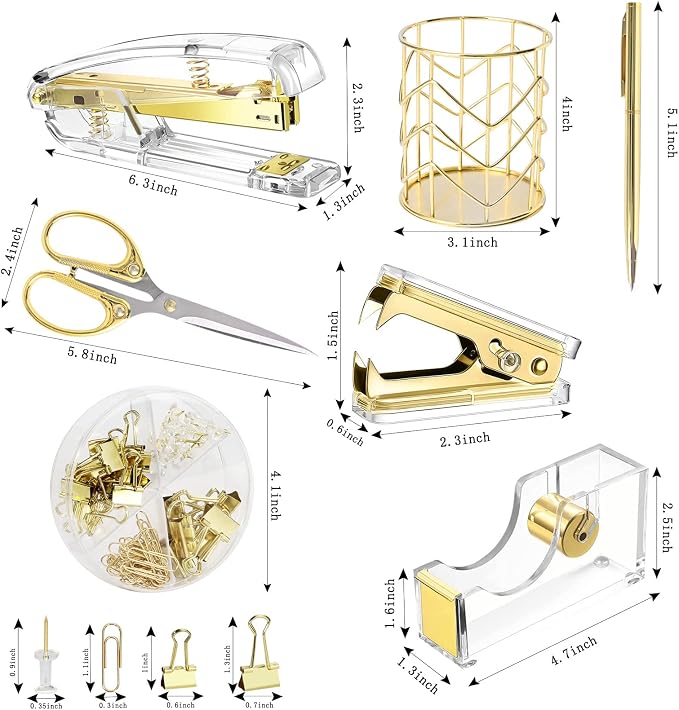 Famassi Gold Desk Accessories，Office Supplies Set Acrylic Stapler Set Staple - Image 2