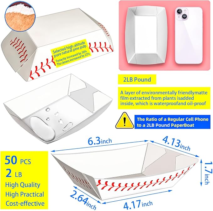 50 Pack 2Lb Paper Food Boat Trays, Baseball Birthday Decorations Baseball Party - Image 2
