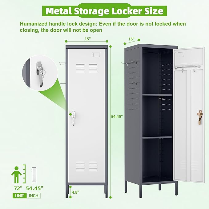 Aobabo Metal 54" H Metal Storage Locker for Employees, Lockable 1 Door with Towel Rack and 2 Side Pegboards with Hooks for Home School Office Gym, Assembly Required (Gray White)-DeskLoop Office