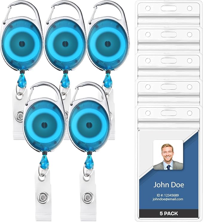 5 Pack Id Badge Holder With Clip, Transparent Light Blue Badge Reels with Id by WillWell