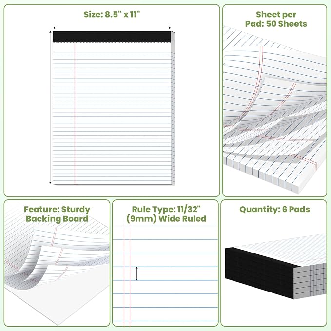 6 Pack Legal Pads 8.5" x 11", Wide Ruled Writing Notepads, 50 Sheets/Pad - Image 2