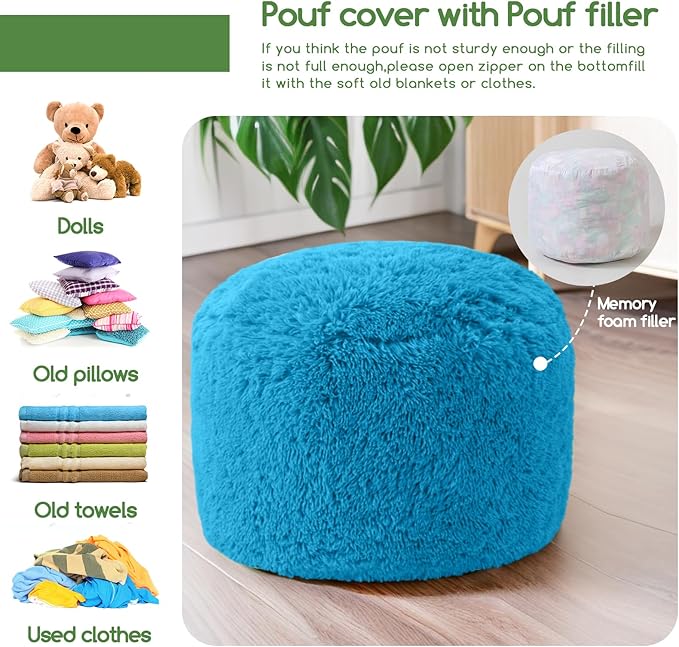 HIGOGOGO Round Stuffed Pouf Ottoman, Long Faux Fur Poufs with Foam Chunk Filling, Fluffy and Furry Pouf Foot Stool Storage Ottoman, 20 X 15 Floor Poufs Foot Rest for Living Room, Blue-DeskLoop Office