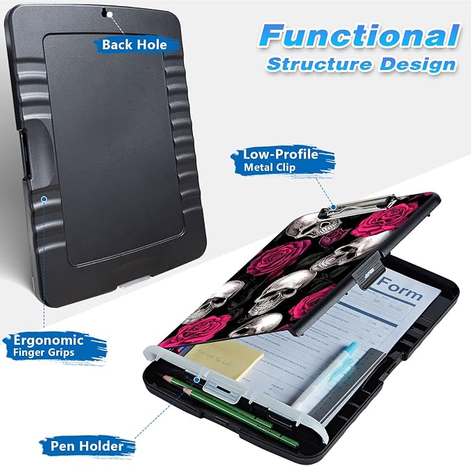 Clipboard with Storage, High Capacity Skull Rose Storage Clipboard 9.5x14 with - Image 2