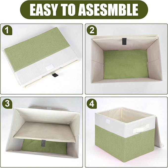 Large 22 Quart Linen Fabric Foldable Storage Bin Cube Organizer Basket with Flip-Top Lid & Handles, Clothes Blanket Box for Home, Office, Closet, Green & White, 4 Pack 14.6 x 9.5 x 9.5-DeskLoop Office