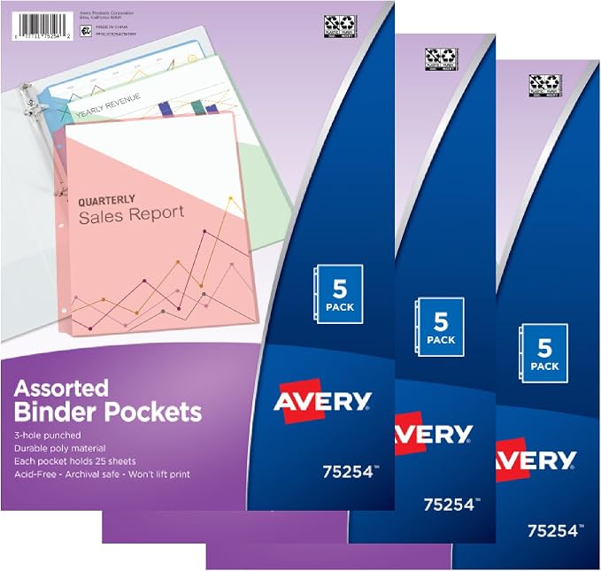 Avery Binder Pockets, 8.5" x 11", 15 Total Slash Jackets, 3 Packs by Avery