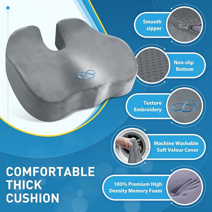 BlissTrends Seat Cushion,5.2in Thick Memory Foam Cushions for Office Chair, Car Seat, Airplane, Relieving Pressure Tailbone Sciatica Back Pain for Long Sitting Office Workers, Car Drivers LightGrey-DeskLoop Office