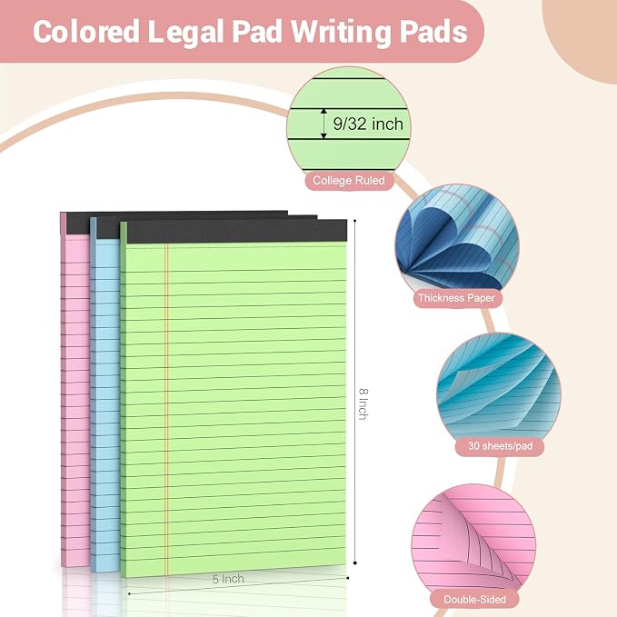 Note Pads 5x8, Narrow Ruled Legal Pad, Writing Pads 5x8, Colored Legal Pads - Image 2