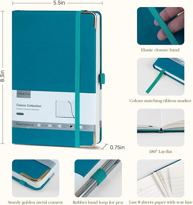 A5 Lined Journal Notebook - 100 GSM Thick Paper, Hardcover Journaling Notebook for Writing, Work, Travel, College Ruled Journal for Women Men, PU Leather Note Book, 5.5”x8.3”- Pacific Green-DeskLoop Office