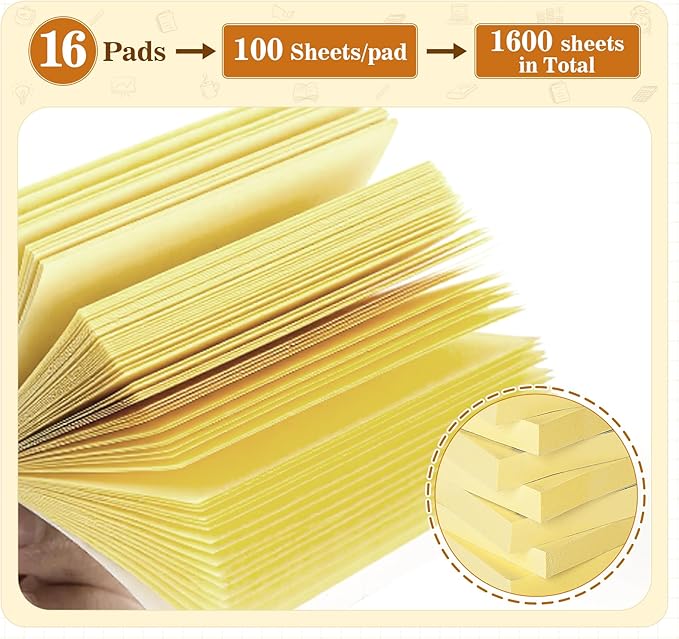 (16 Pack) Large Sticky Notes 3x5 in Yellow, 1600 Pcs Self-Stick Pads, Clean Removal, 100 Sheets/Pad Super Adhesive Sticky Pads Recyclable for Notebook, Meeting, Office, Shool, Home-DeskLoop Office