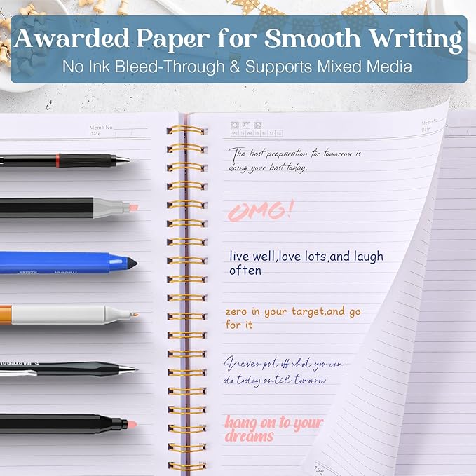 Spiral Notebook, 8.5” x 11” Notebooks for Work, 300 Numbered Pages College Ruled Notebook, Large Notebook for School with 24 Tabs, A4 Notebook Journal for Women Men, Thick Paper, Back Pocket, Pink-DeskLoop Office