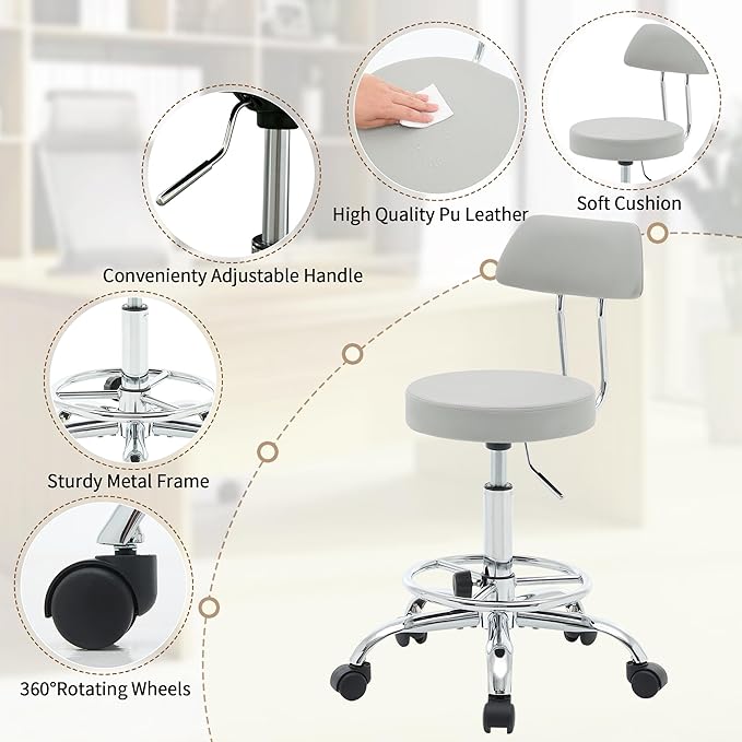 Rolling Massage Chair, Height Adjustable Salon Stool with Wheels 19.5’’-26.6’’, Gray Guitar Stool (Gray)-DeskLoop Office