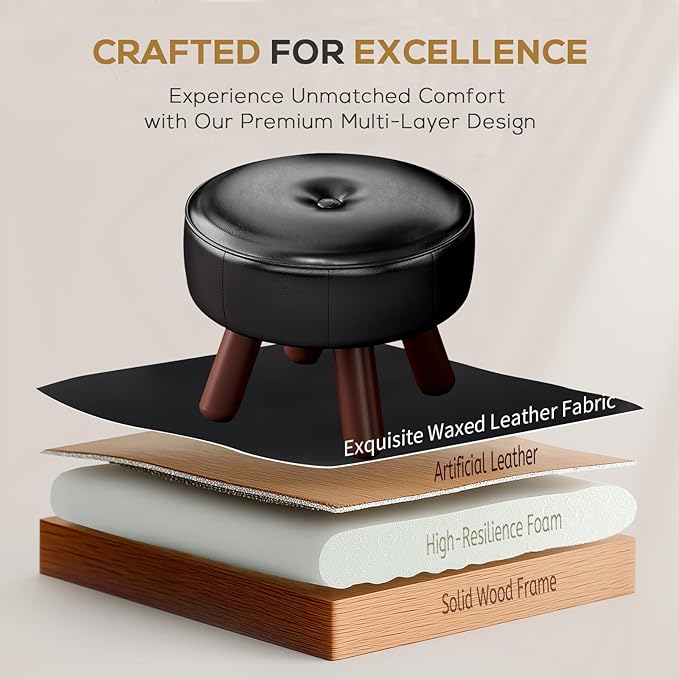 13in Small Foot Stool Ottoman, Round Faux Leather Foot Rest, Footstool Ottomans with Rubber Legs Under Desk, Footrest for Couch, Living Room, Bedroom, Office, 13''L x 13''W x 10.2''H, Black-DeskLoop Office