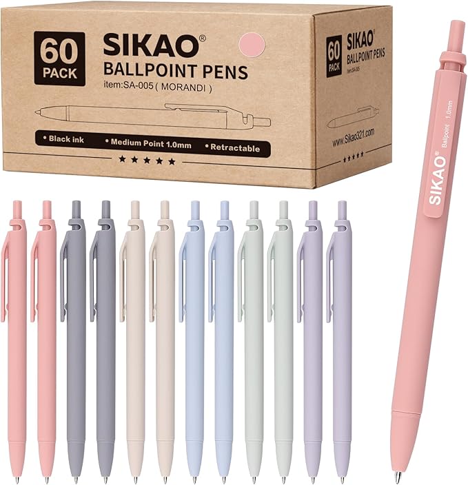 Morandi Pens Bulk 60 Pack – Smooth Writing 1.0mm, Click Ballpoint Pens by Sikao