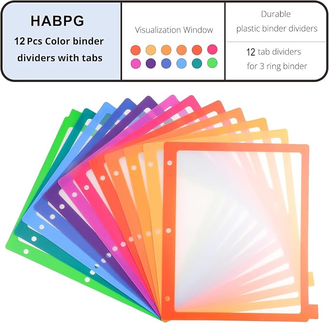 HABGP 3 Ring Binder Dividers, 12-Tab Plastic Clear Binder Dividers, Letter Size - Image 2