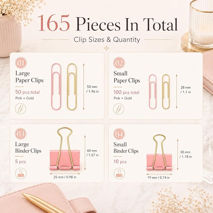 Pink and Gold Paper Clips Binder Clips Set - Image 3