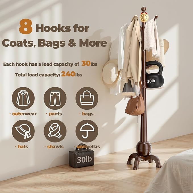 Wood Coat Rack Freestanding, Solid Wooden Hall Tree with 8 Hooks, Coat Tree Freestanding Heavy Duty with Stable Base, Entryway Hallway Bedroom Office Use, 240lbs Load Capacity H:71.6in (Walnut)-DeskLoop Office