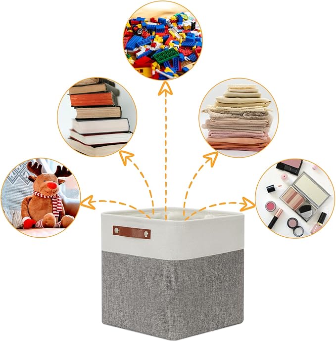 DULLEMELO [Set of 4 Storage Cubes Baskets for Organizing, 12 x 12 x 12 inch Cube Storage Organizer Bins with Leather Handles, Foldable Fabric Cloth Bins for Cube Storage(4 Pack - 12" White&Grey)-DeskLoop Office