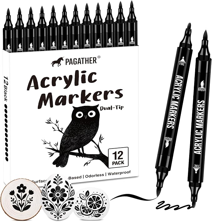 Pagather Black Acrylic Paint Markers, 12 Pack Dual Tip by Pagather