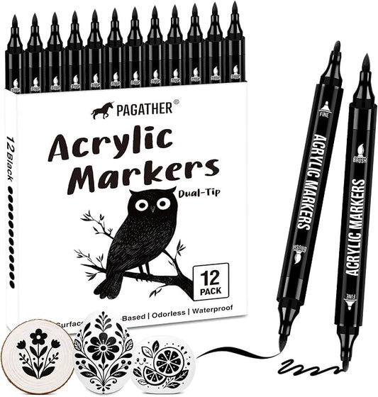 Pagather Black Acrylic Paint Markers, 12 Pack Dual Tip by Pagather