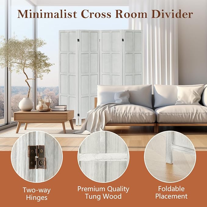 Leesinwing Wood Room Divider 4 Panel Folding Privacy Screen, Classic 5.6Ft - Image 4