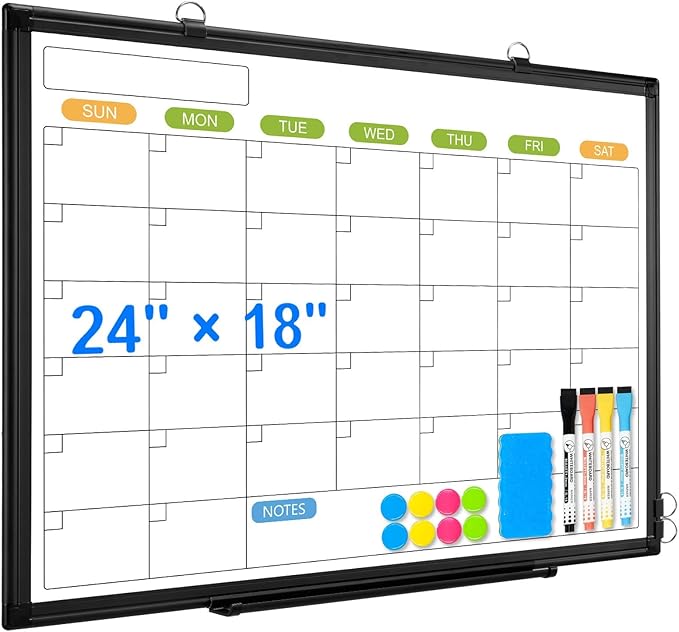 Dry Erase Calendar Whiteboard for Wall, 24" x 18" Magnetic Monthly White Board Calendar with Black Aluminum Frame, Double-Sided Hanging Dry Erase Board for Office, Home, School-DeskLoop Office