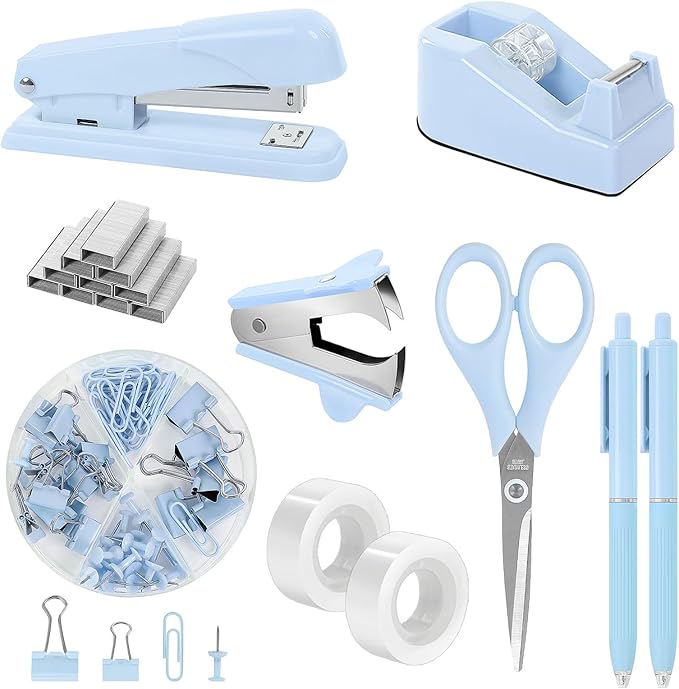 SKYDUE Blue Office Desk Accessories, Tape Dispenser, Clips and 1000pcs Staples by SKYDUE