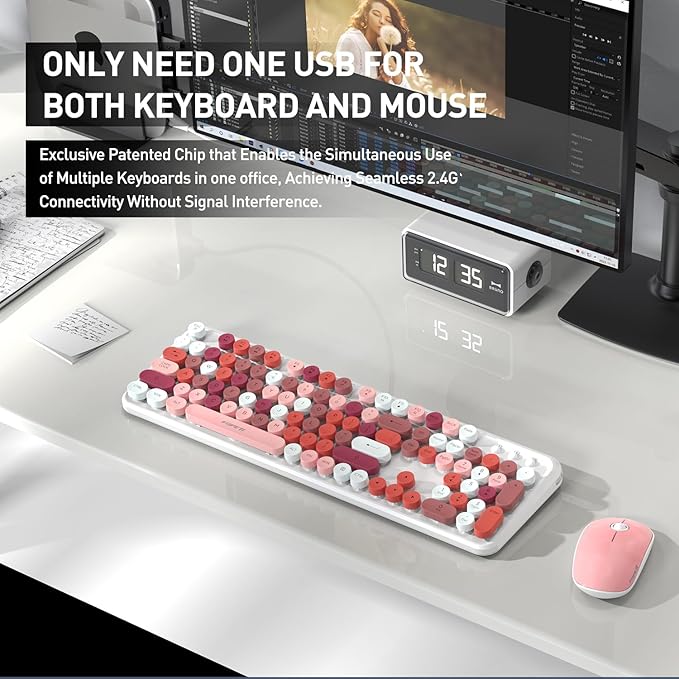 FOPETT 2.4GHz Wireless Keyboard and Mouse Set with Switch Button - Full-Size Keyboard - Compatible for Windows/Laptop/PC/Notebook/Smart TV and More - White Colorful-DeskLoop Office