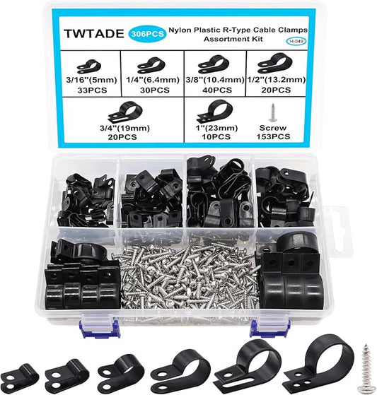 TWTADE 306PCS Black Cable Clamps Nylon Plastic R-Type 6 Sizes 3/16'' 1/4'' by TWTADE