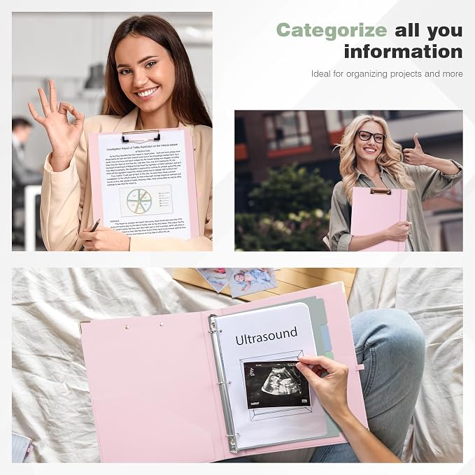 Ospelelf Binder 3 Ring 1 Inch, Solid Pink Round Ring Clipboard Binder - Image 5