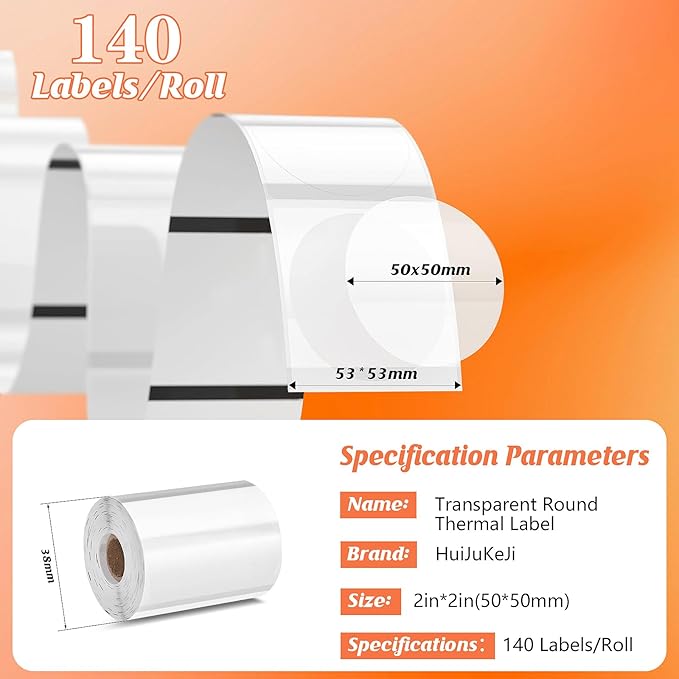 HuiJuKeJi 3 Rolls Transparent Round Thermal Labels, 2 Inch Circle Adhesive Direct Sticker Paper for Phomemo M220/M221/M100/M110/241BT, Multipurpose Clear Custom Sticker Label-140pcs/Roll-DeskLoop Office
