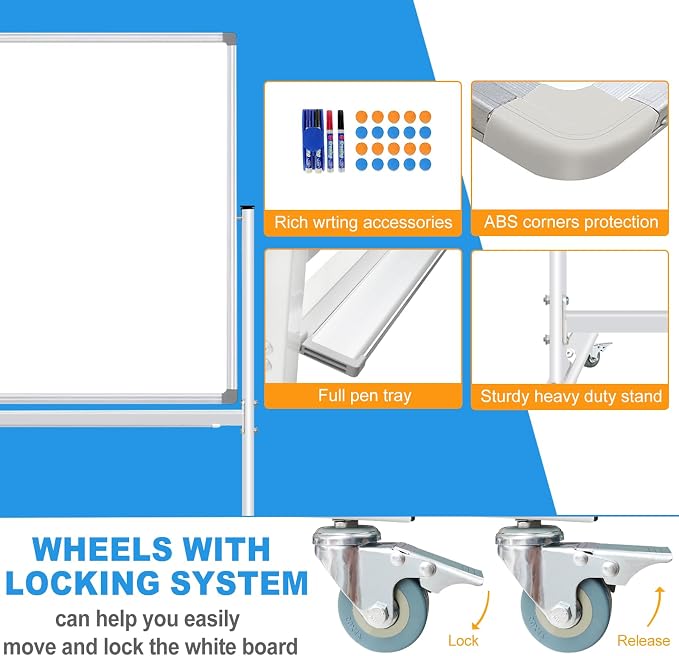 BSTPCOO Double-Sided Mobile Whiteboard 48 x 36, Rolling Magnetic Board - Image 4