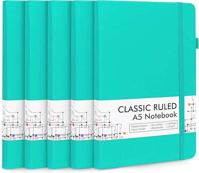feela 5 Pack Notebooks Journals Bulk, Hardcover Notebook Classic Ruled Lined Journals with Pen Holder for Women Girls School Business Supplies, with 5 Black Pens, 120 GSM, 5.1”x8.3”, A5, Aqua-DeskLoop Office