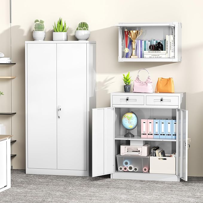 Greenvelly Metal Storage Cabinet, 42' White Steel Garage Cabinet with 2 Doors, Adjustable Shelves, Locking for Office, School or Tool Organization-DeskLoop Office