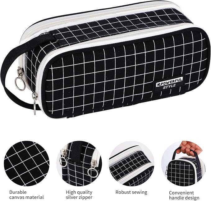 Large Pencil Case Zipper Pencil Pouch for Girls Boys Adults Kids Aesthetic Pencil Bag Organizer Big Capacity Pens Bag with Handle Portable for School Office Black-plaid-DeskLoop Office