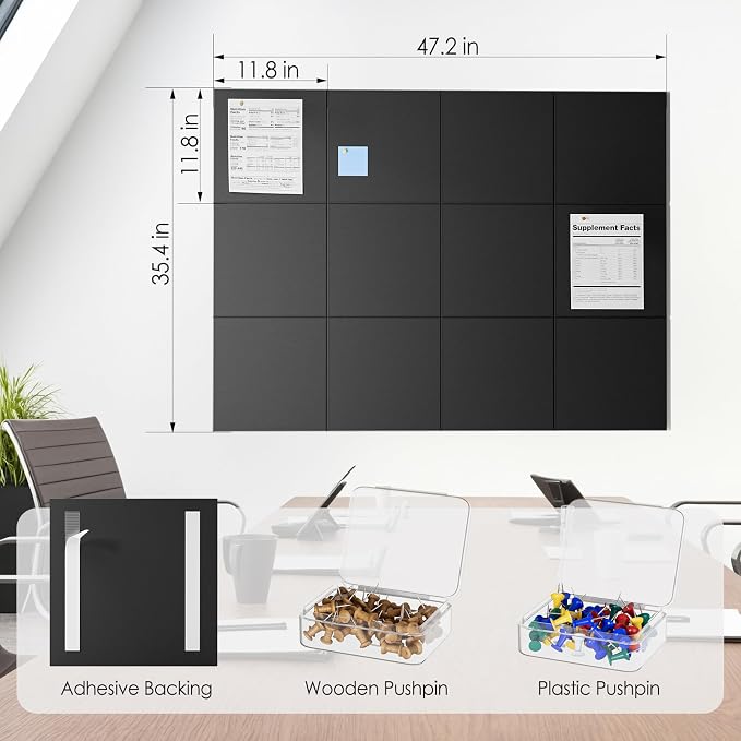 MaxGear Felt Bulletin Board 48" x 36", 12 Pack 11.8" x 11.8" Wall Panels - Image 4