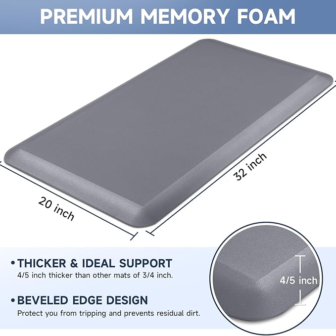 4/5 Inch Thick Kitchen Mats for Floor, StepRite Kitchen Rug for Standing Desk, Non-Slip, Thicker, Stain Resistant, Waterproof, Comfort Anti Fatigue Floor Mat for Home, Kitchen, Office - Grey,32*20''-DeskLoop Office