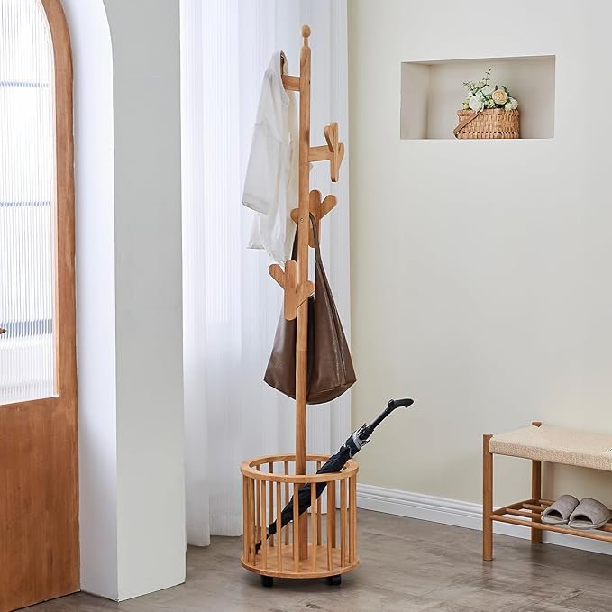 Uniclinens Solid Wood Coat Rack Freestanding with Umbrella Holder, Tree Coat Rack Stand with Lockable Universal Casters & 12 Hooks for Entryway Bedroom, Natural-DeskLoop Office