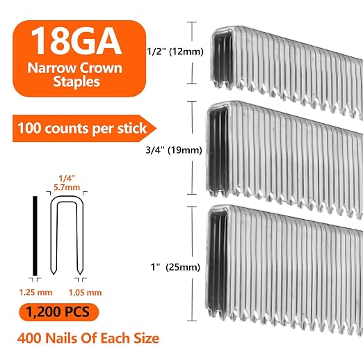 1200-Count 18 Gauge 1/4 Inch Narrow Crown Staples, 400 per Size, Heavy Duty - Image 2