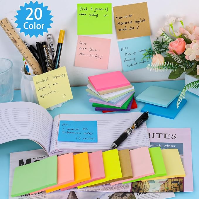 100 Pack Sticky Notes 3x3 Inch Colorful Self Stick Note Pads | 20 Colors - Image 6