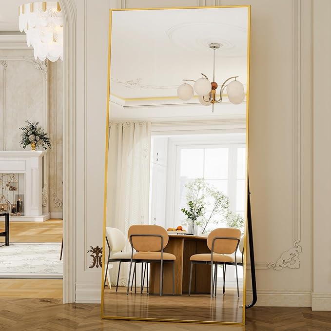 GLSLAND-38 x 77" Rectangular Full Length Mirror - Large Floor Mirrors Aluminum Alloy Frame Full Body Dressing Mirror for Bedroom, Living Room,Gold-DeskLoop Office