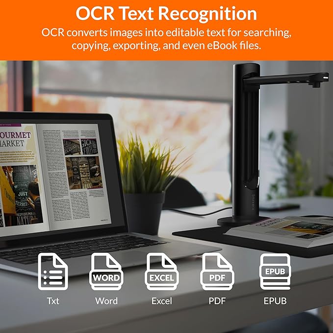 Innex DS200 Professional USB Book Scanner, 26MP, A3 Document scan, 120+ Language OCR, Auto-Flatten & Deskew, Finger Removal, Built-in Mic and LED lamp, Hand Button & Foot Pedal, for Windows/MacOS-DeskLoop Office