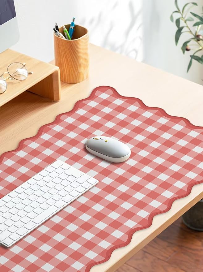 Scalloped‌ Checkered Gingham Desk Mat Cute Red XXL Large Mouse Pad Kawaii - Image 6