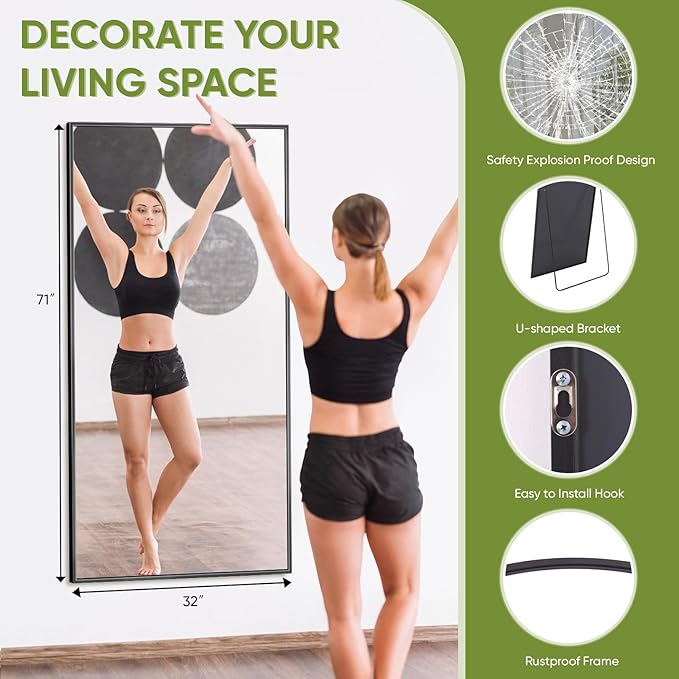 Full-Length Floor Mirror with Stand, 71"x32" Rectangle Style Full Body Standing Mirror for Bedroom, Living Room, Gym, Dorm - Shatter-Resistant & Easy Assembly, Black-DeskLoop Office