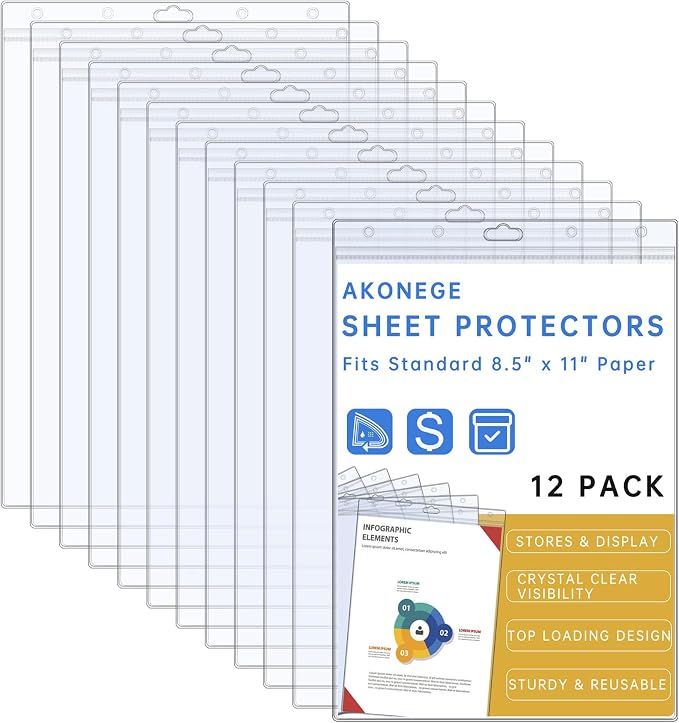 AKONEGE 12PCS Hard Sheet Protectors 8.5 x 11 Waterproof Resealable Zip Paper by AKONEGE