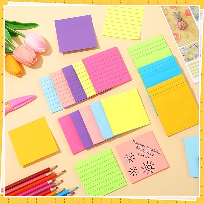 Yexiya 64 Pcs Lined Sticky Notes Self Stick Notes with Lines Bright Assorted Colors Sticky Pad for Home Office Products Post Memos, 1920 Sheets(3 x 3 Inch,Lined, Blank)-DeskLoop Office