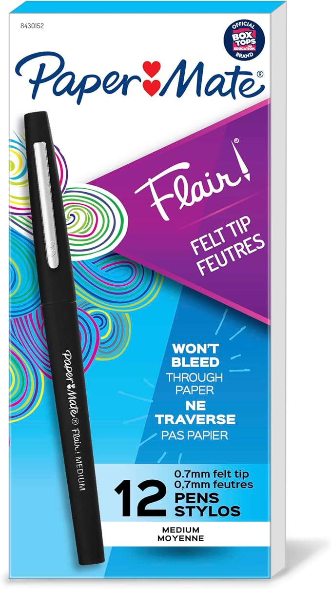 Paper Mate Flair Felt Tip Pens Medium Point Black | 0.7mm | Smear Resistant | by Unknown