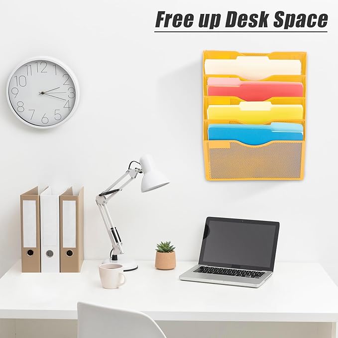 EASEPRES 5 Pocket Mesh Hanging Wall File Organizer, Wall Mounted Mail Paper Document Folder Holder, Clipboard Storage Organization Magazine Rack with Nametag Label for Office Home School, Yellow-DeskLoop Office