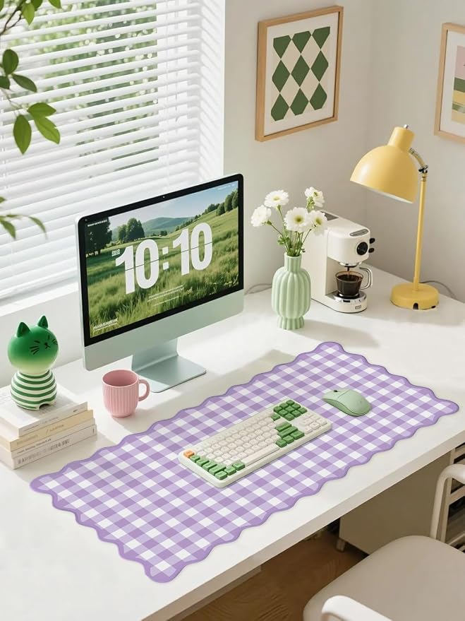Scalloped‌ Purple Checkered Gingham Desk Mat Cute Pastel Large Mouse Pad Kawaii - Image 2