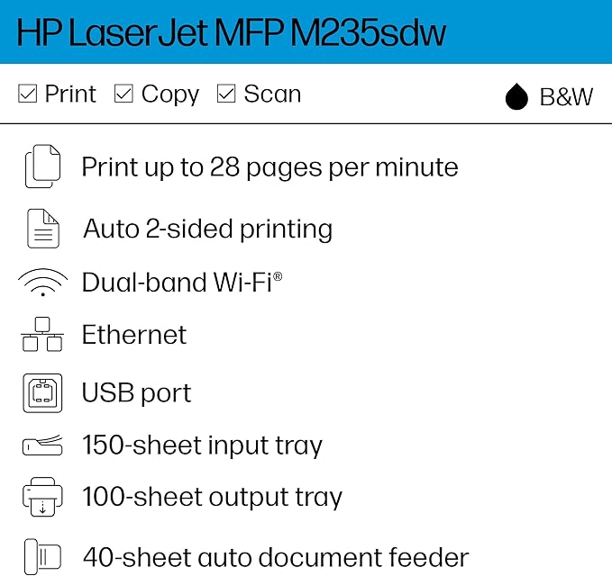 HP Laserjet MFP M235sdw All-in-One Laser Wireless Printer, Scan/Copy, Black & White, Duplex, Best for Office-DeskLoop Office